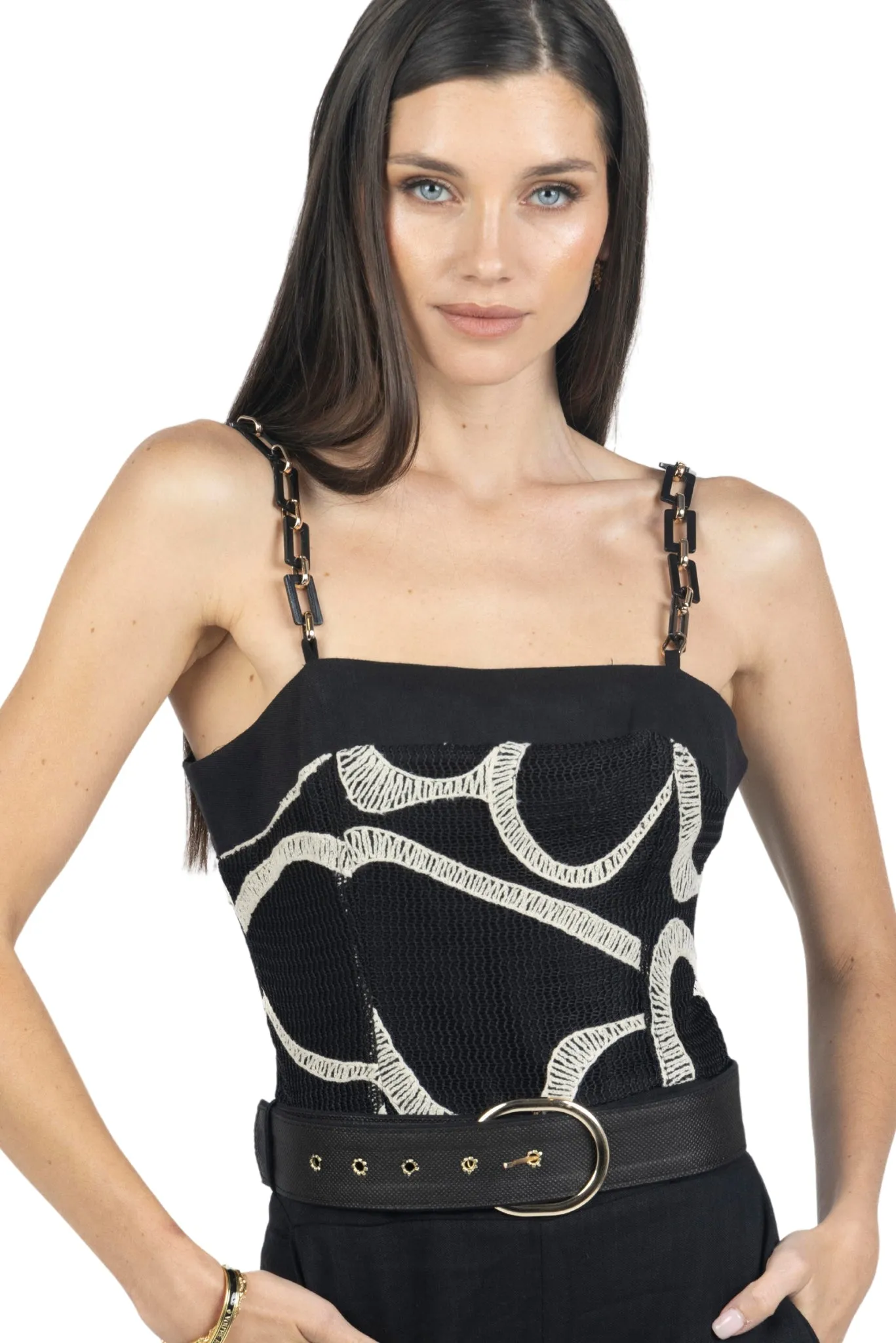 Rachel Printed Belted Linen Jumpsuit In Black
