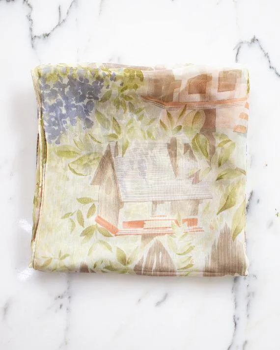 Ralph Lauren Birdhouse and Floral Design 100% Silk Scarf, Garden Scene