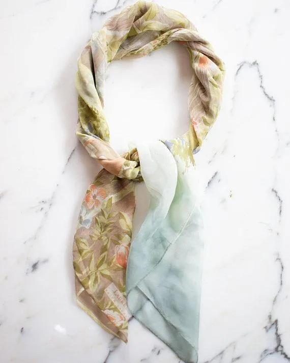 Ralph Lauren Birdhouse and Floral Design 100% Silk Scarf, Garden Scene