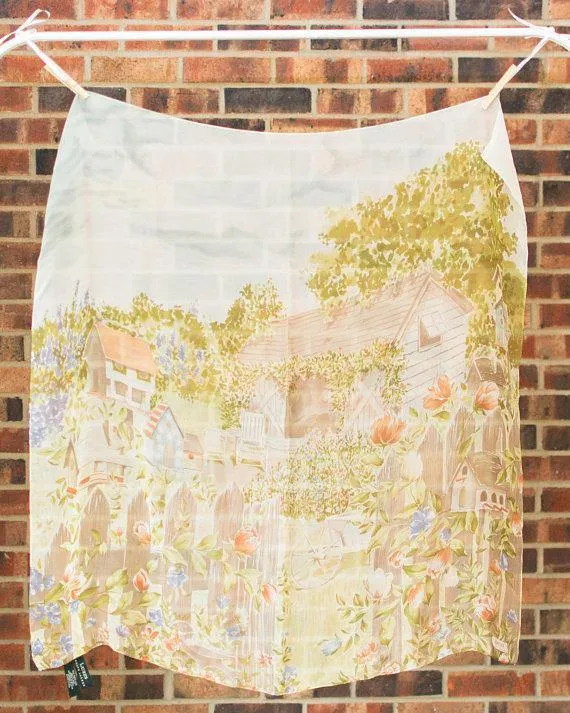 Ralph Lauren Birdhouse and Floral Design 100% Silk Scarf, Garden Scene