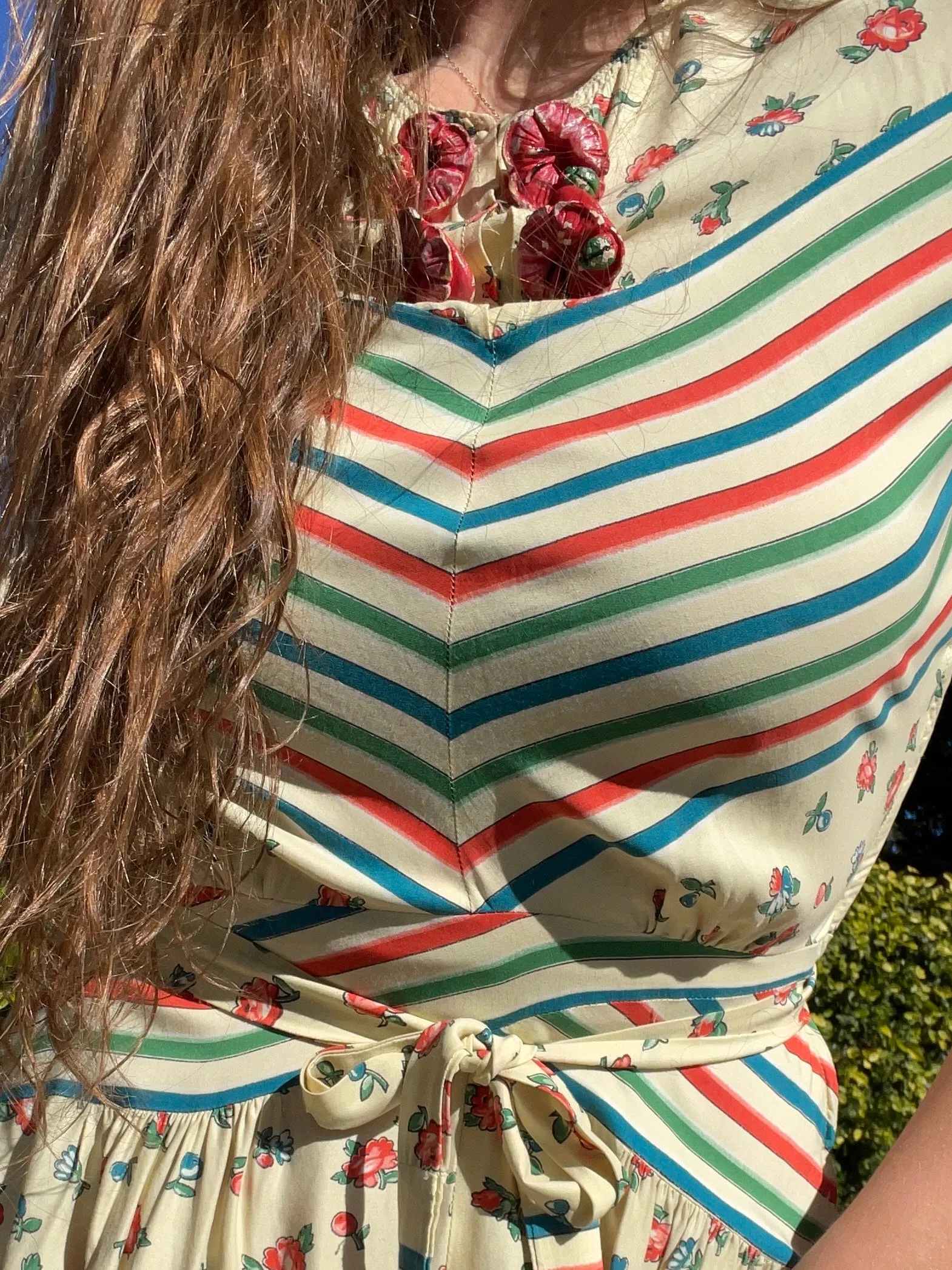 RARE 1940s 'Gay Gibson' Multi Color Chevron Striped Floral Rayon Dress