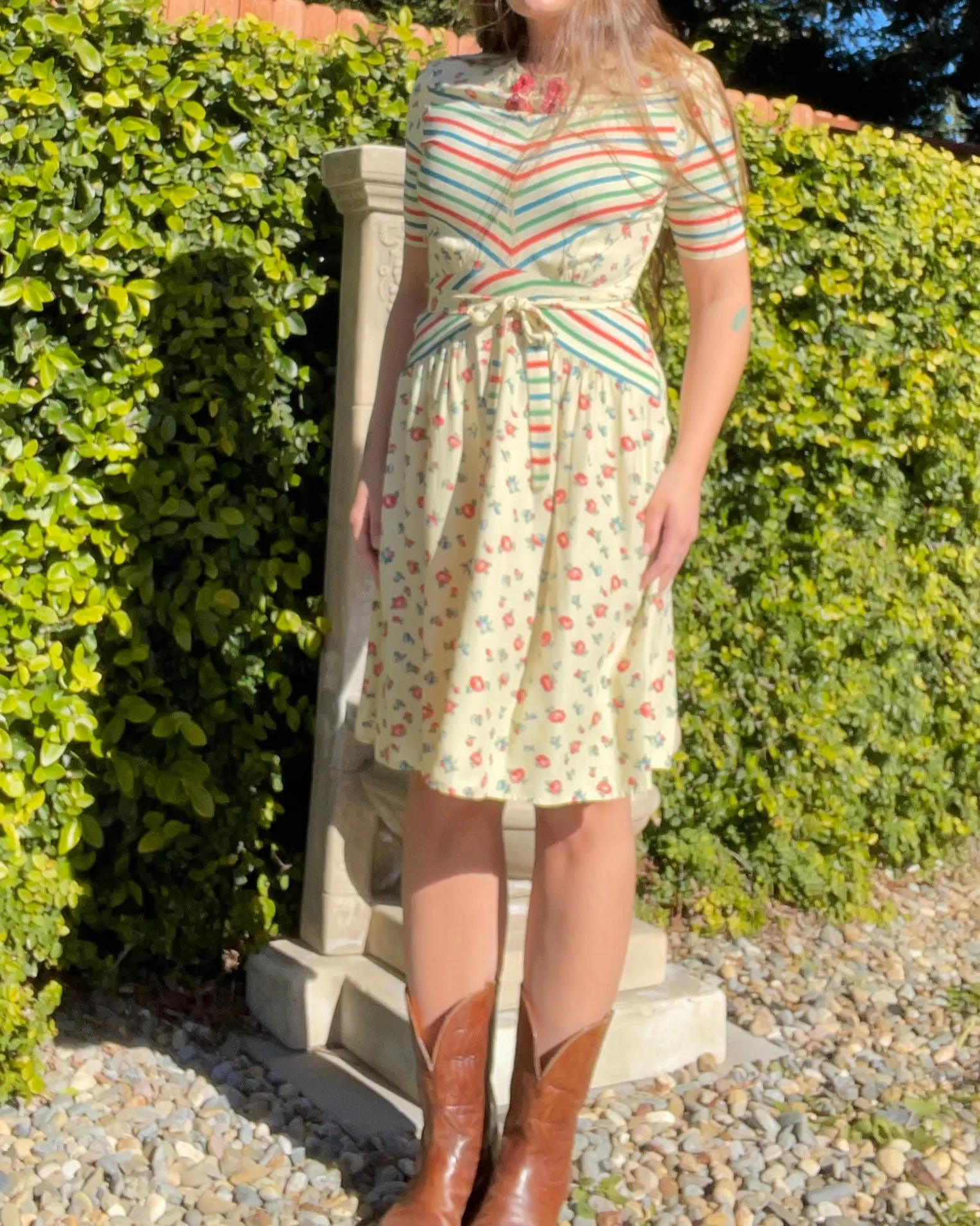 RARE 1940s 'Gay Gibson' Multi Color Chevron Striped Floral Rayon Dress