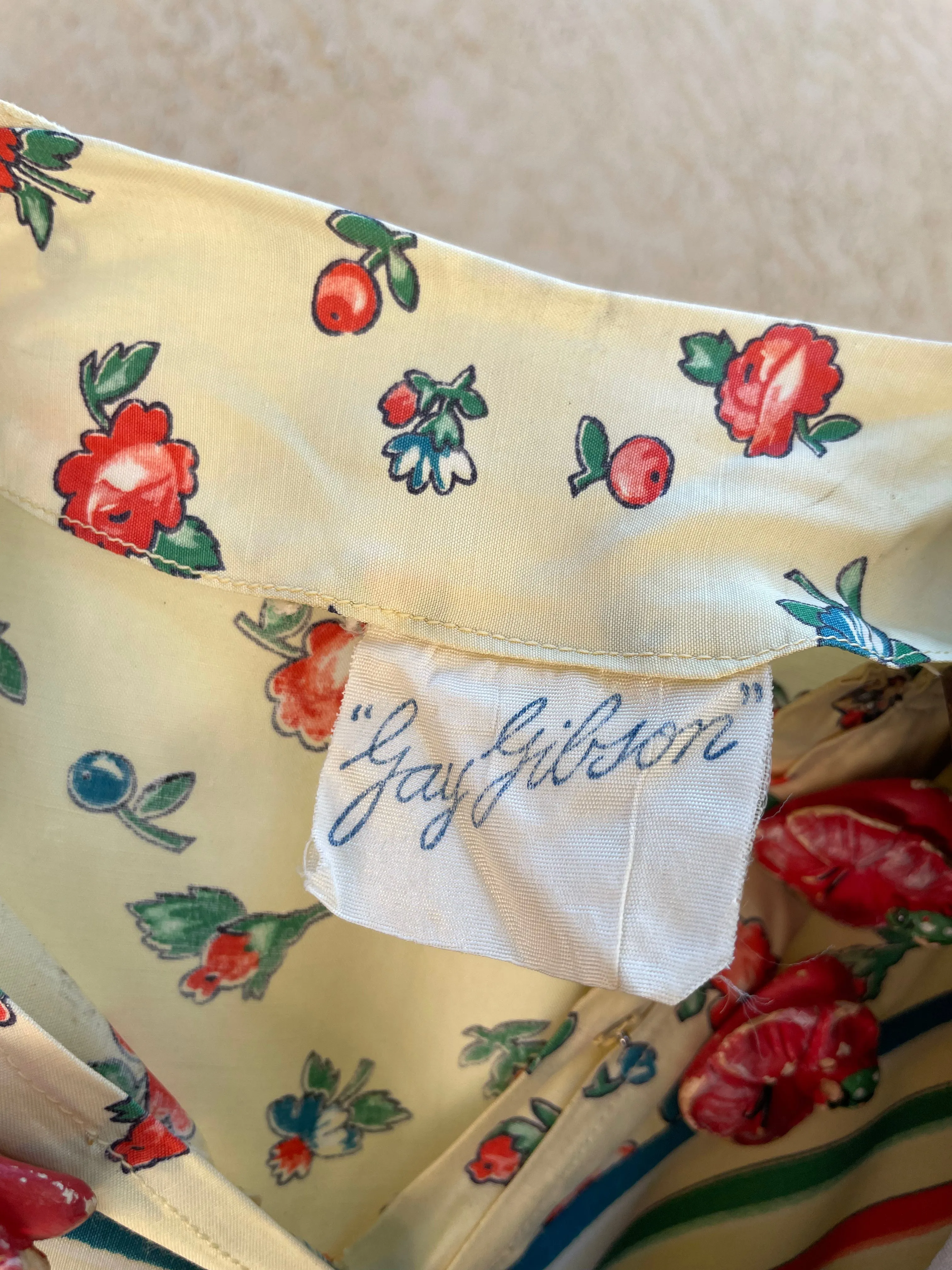 RARE 1940s 'Gay Gibson' Multi Color Chevron Striped Floral Rayon Dress