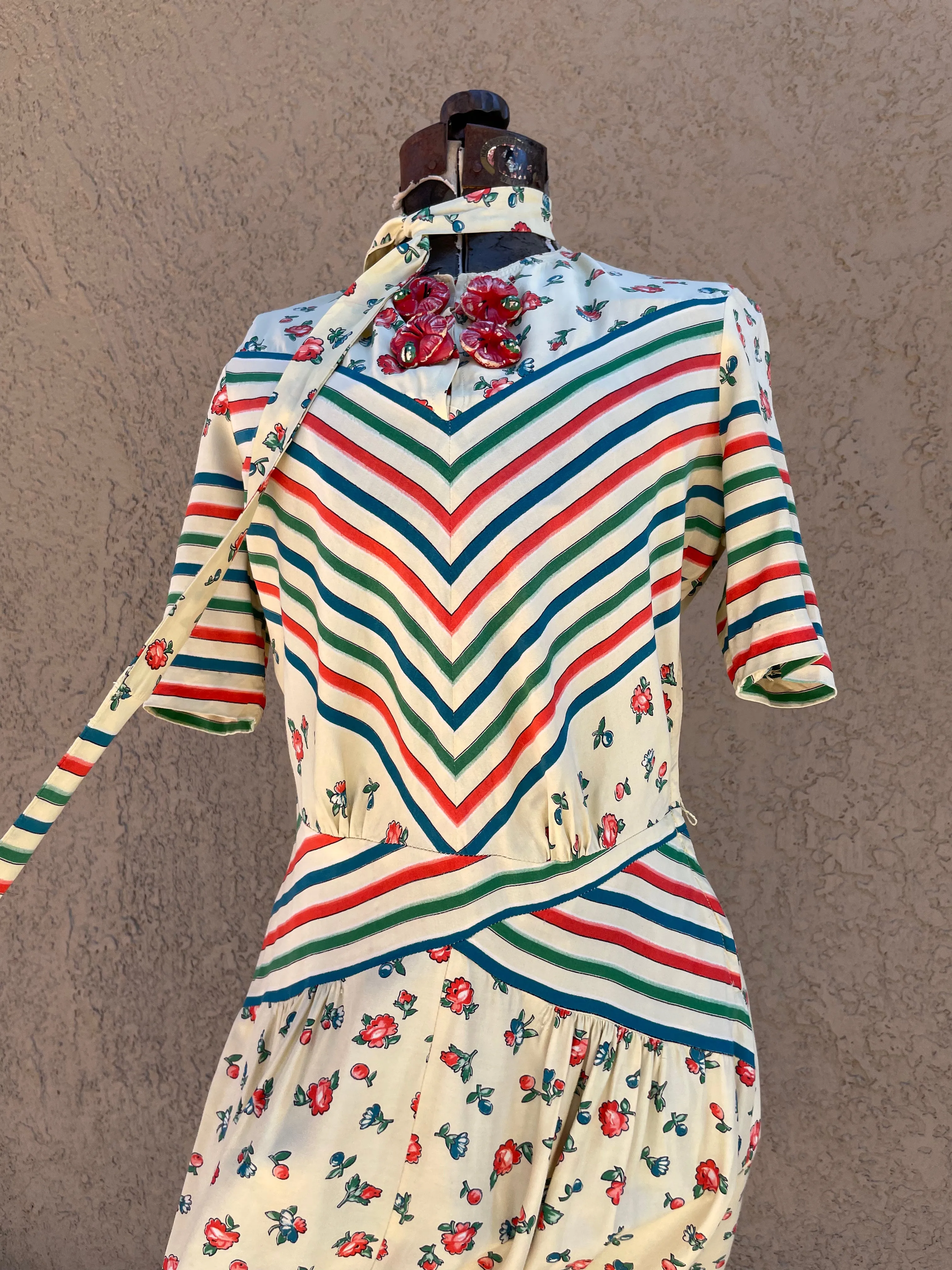 RARE 1940s 'Gay Gibson' Multi Color Chevron Striped Floral Rayon Dress