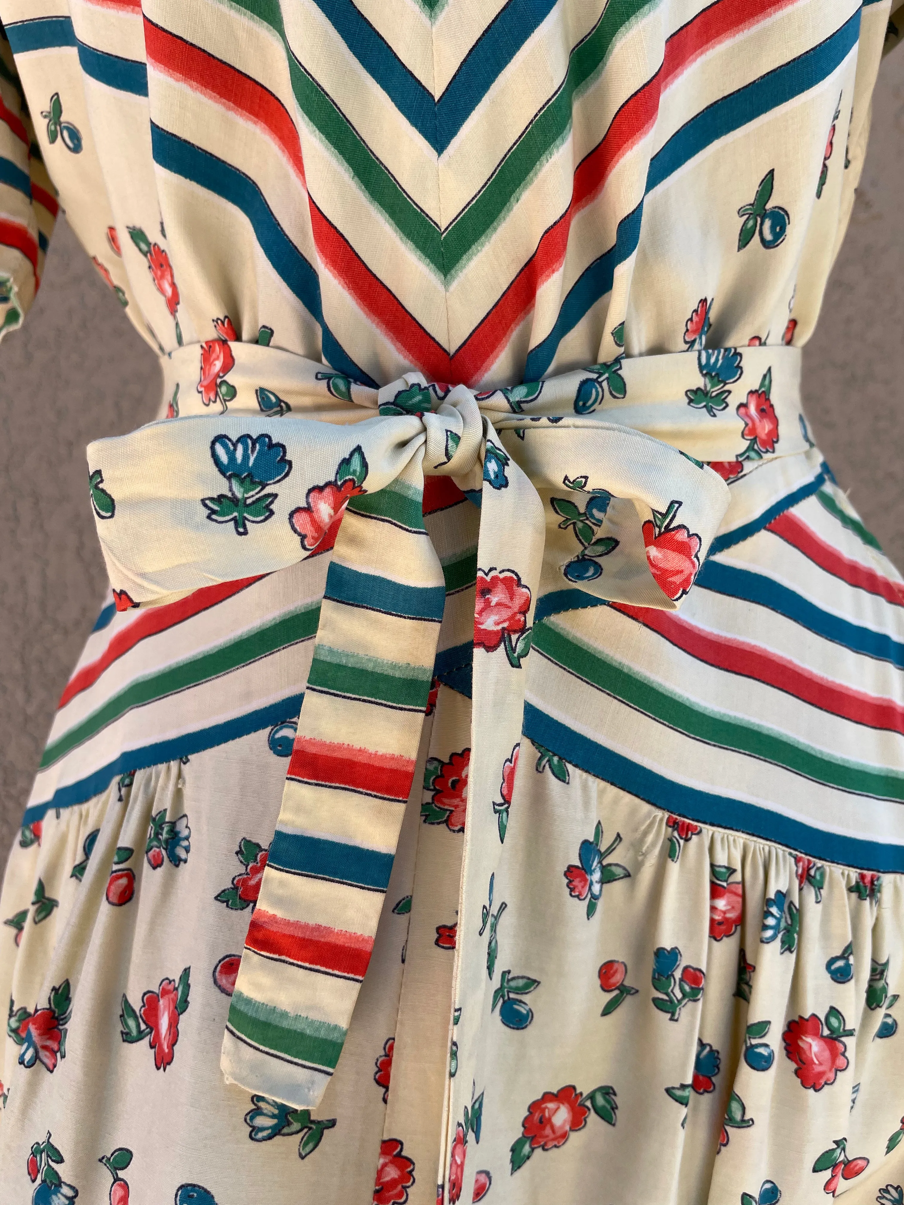RARE 1940s 'Gay Gibson' Multi Color Chevron Striped Floral Rayon Dress