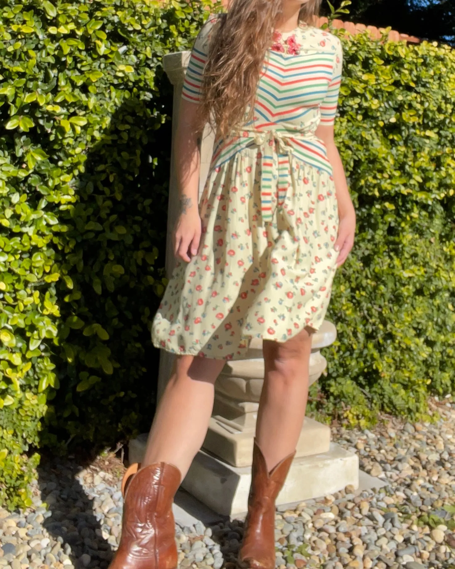 RARE 1940s 'Gay Gibson' Multi Color Chevron Striped Floral Rayon Dress