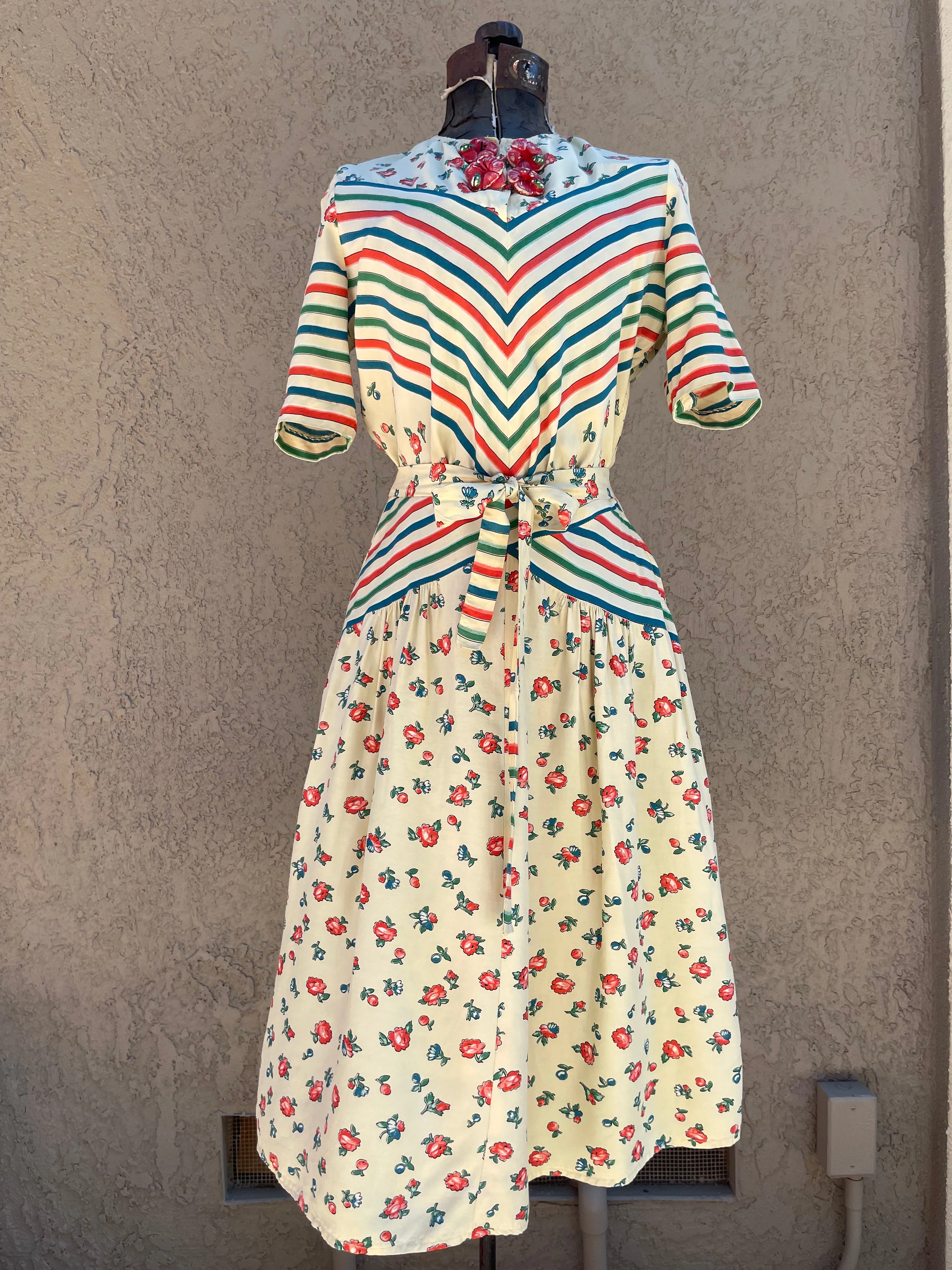 RARE 1940s 'Gay Gibson' Multi Color Chevron Striped Floral Rayon Dress