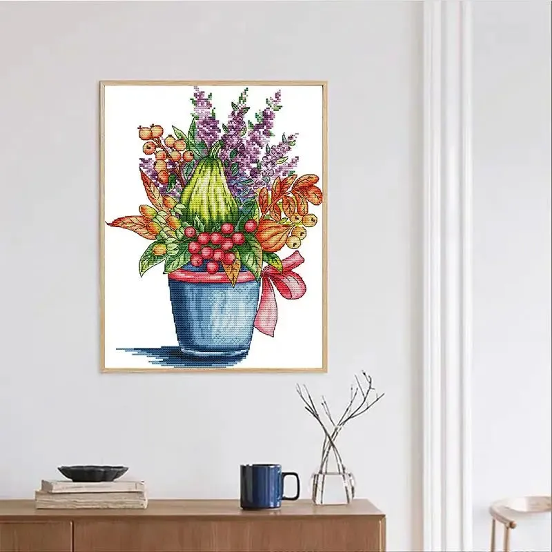 Red Berry Flower Basket Floral Pattern Cross Stitch 14CT