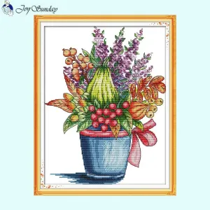 Red Berry Flower Basket Floral Pattern Cross Stitch 14CT