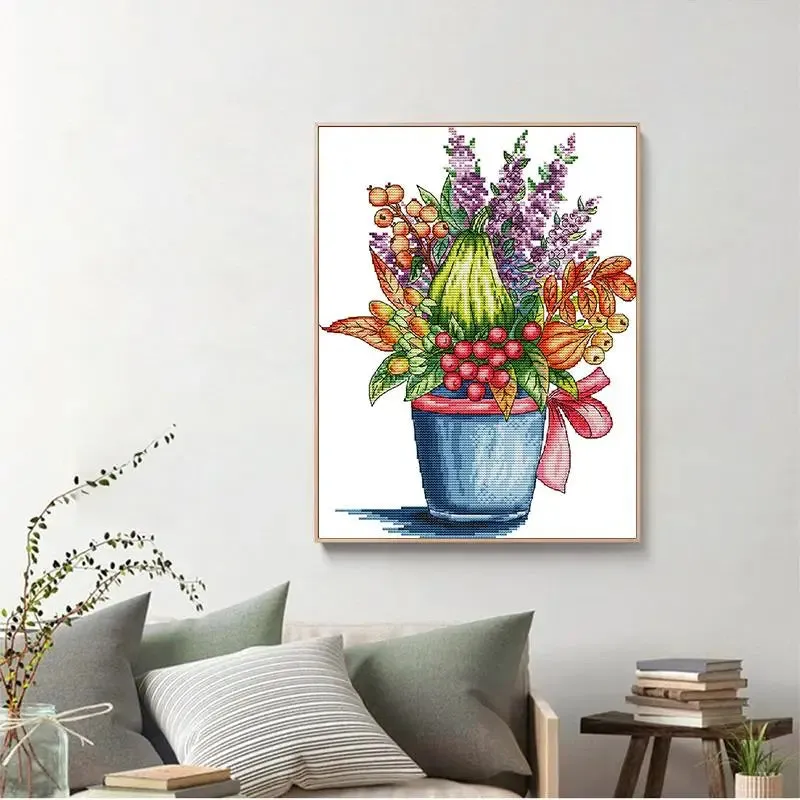 Red Berry Flower Basket Floral Pattern Cross Stitch 14CT