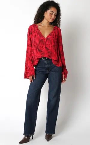Red Floral Flowy Sleeve Top