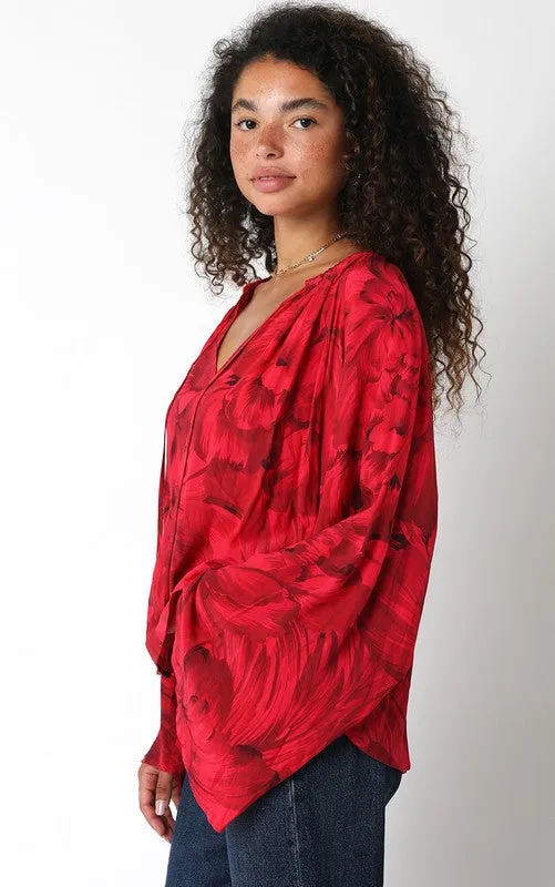 Red Floral Flowy Sleeve Top