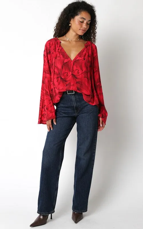 Red Floral Flowy Sleeve Top