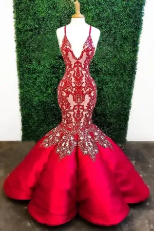Red Mermaid Deep V Neck Lace Appliques Mermaid Prom Dresses