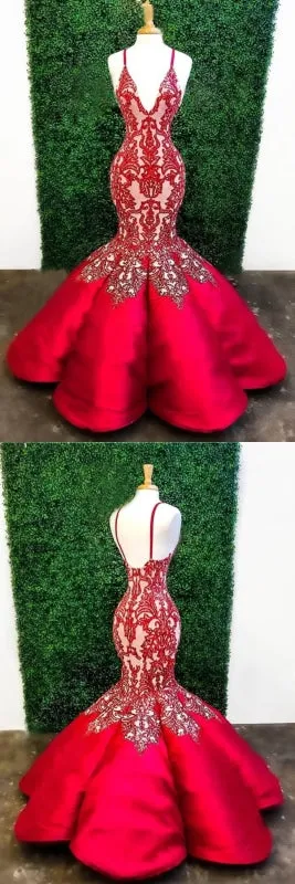 Red Mermaid Deep V Neck Lace Appliques Mermaid Prom Dresses
