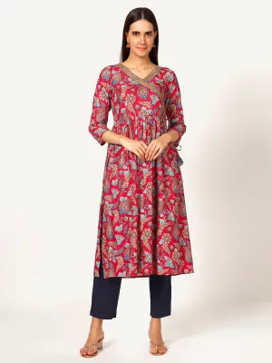 Red Paisley Print Angrakha Kurta with Mirror Embroidery and Gathers