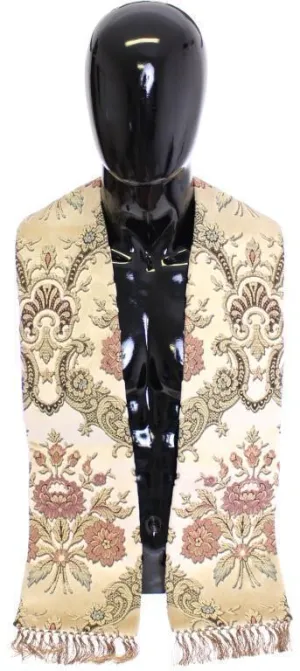 Scarf Men's Beige Silk Necktie Baroque Pattern