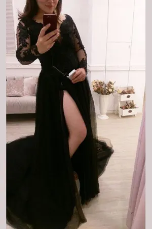 Sexy Black Split Tulle Lace Appliques Long Sleeves Sweep Train Prom Dress