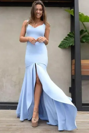 Sexy Sleeveless Straps Mermaid Prom with Split Long Backless Light Blue Evening Dress