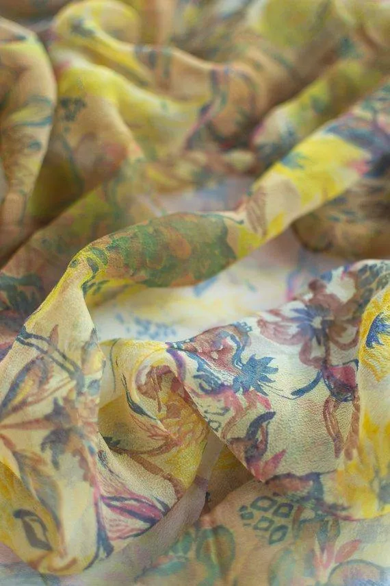 Sheer Floral Scarf Gold with Blue, Red, and Earth Tone Flowers
