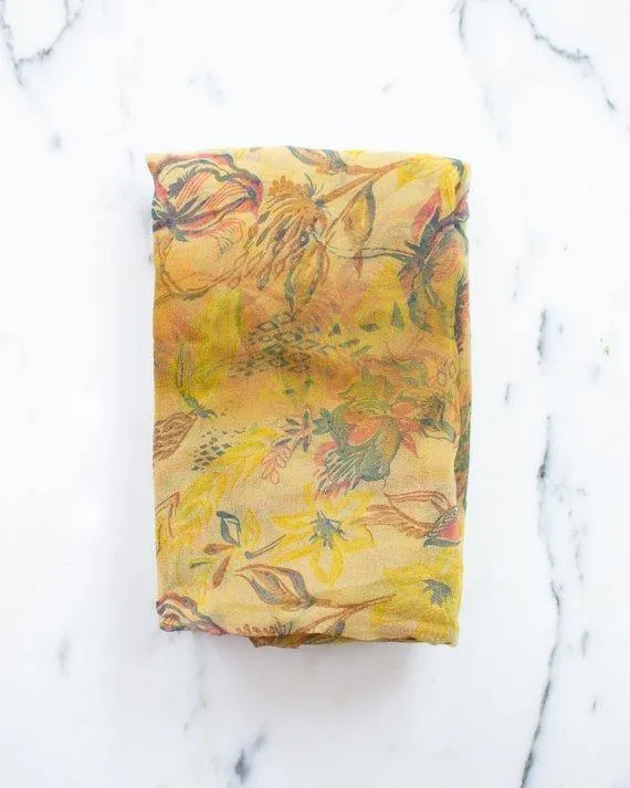 Sheer Floral Scarf Gold with Blue, Red, and Earth Tone Flowers