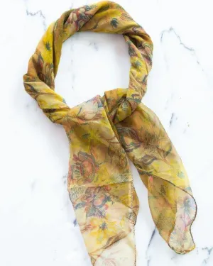 Sheer Floral Scarf Gold with Blue, Red, and Earth Tone Flowers