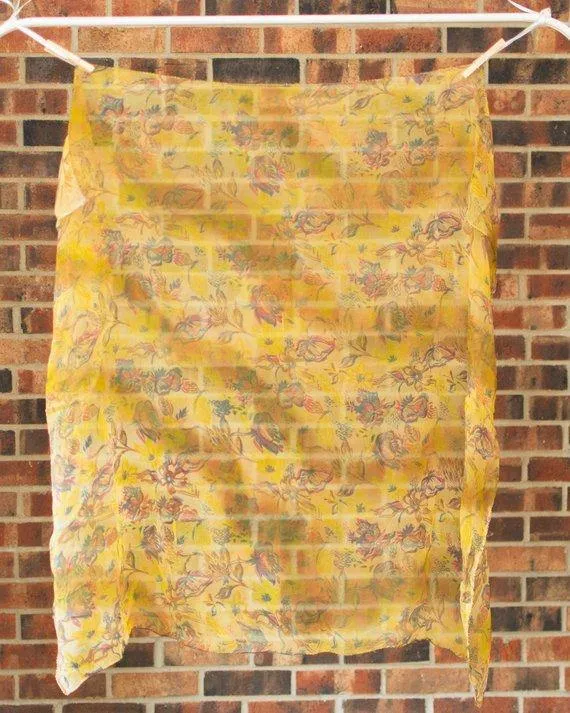 Sheer Floral Scarf Gold with Blue, Red, and Earth Tone Flowers