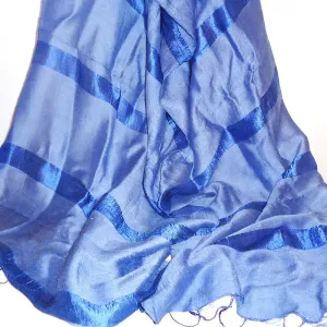 Silk and Cotton Scarf with Stripes - Blue