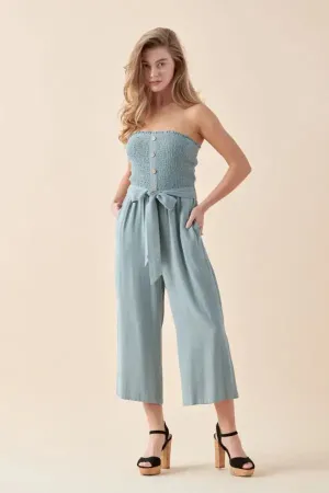 SOFT LINEN SMOCKED TUBE JUMPSUIT