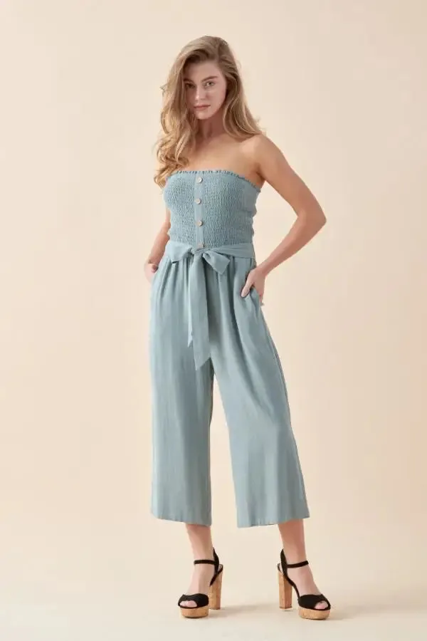 SOFT LINEN SMOCKED TUBE JUMPSUIT