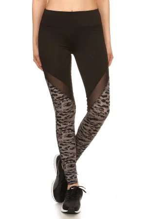 Solid Camo Print Mesh Panel Leggings
