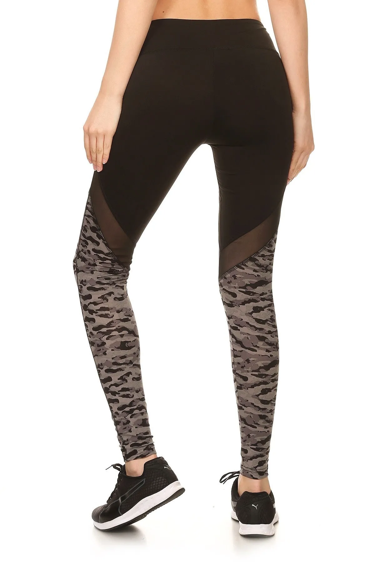 Solid Camo Print Mesh Panel Leggings
