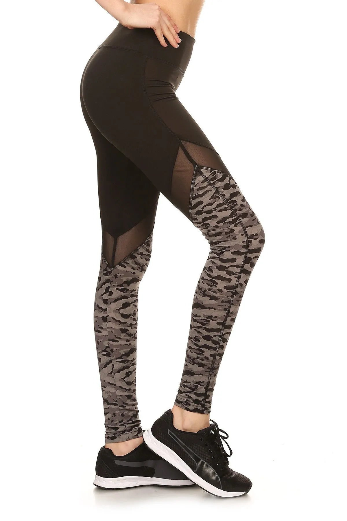Solid Camo Print Mesh Panel Leggings