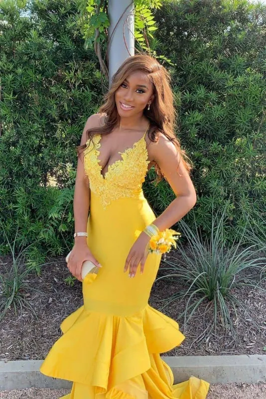 Spaghetti Strap Deep V Neck Sleeveless Open Back Prom Dresses
