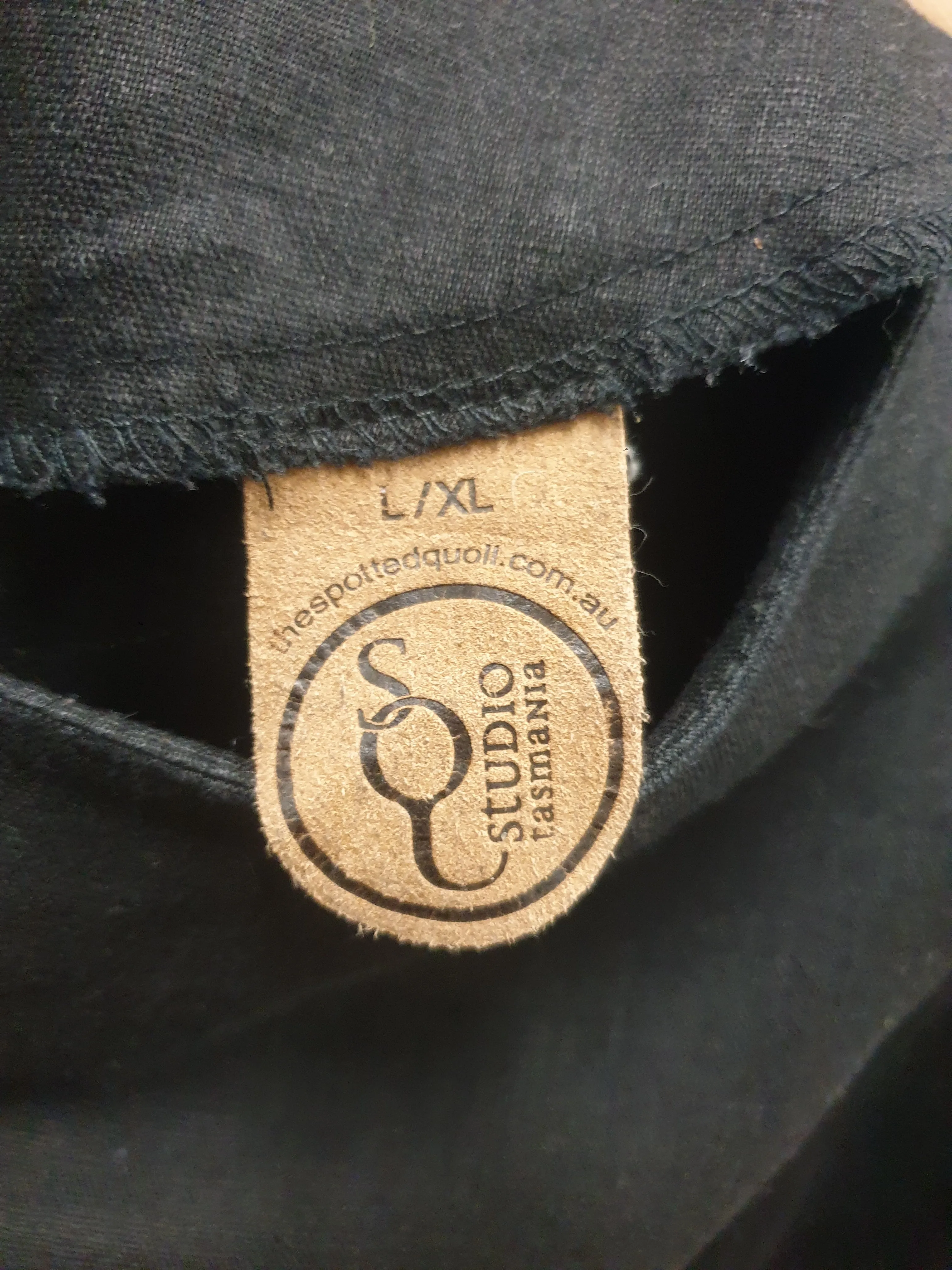 Spotted Squall black 100% linen dress size L/XL (Made in Tasmania)