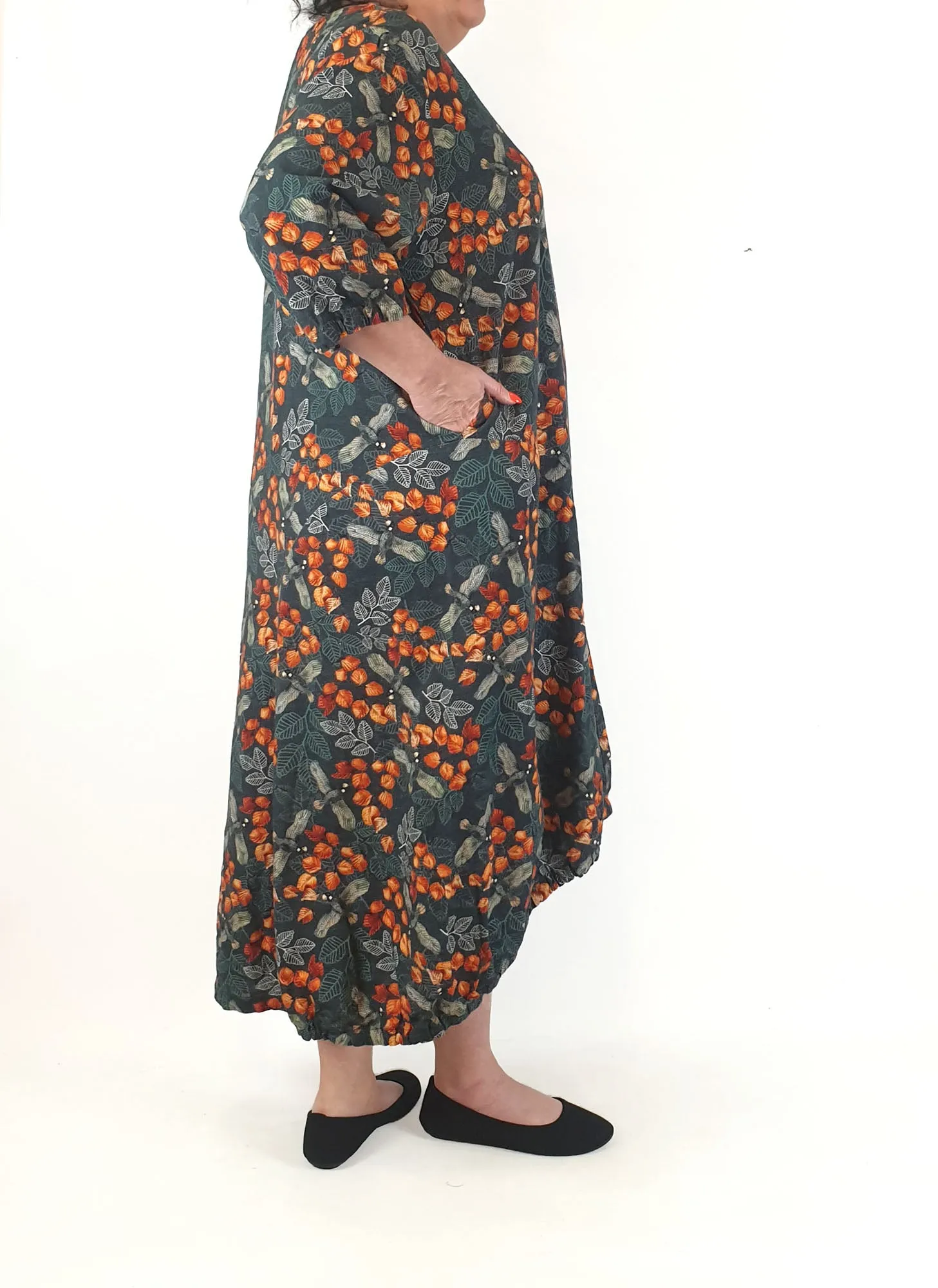 Spotted Squall green dress linen-hemp mix dress with autumnal print size XXL