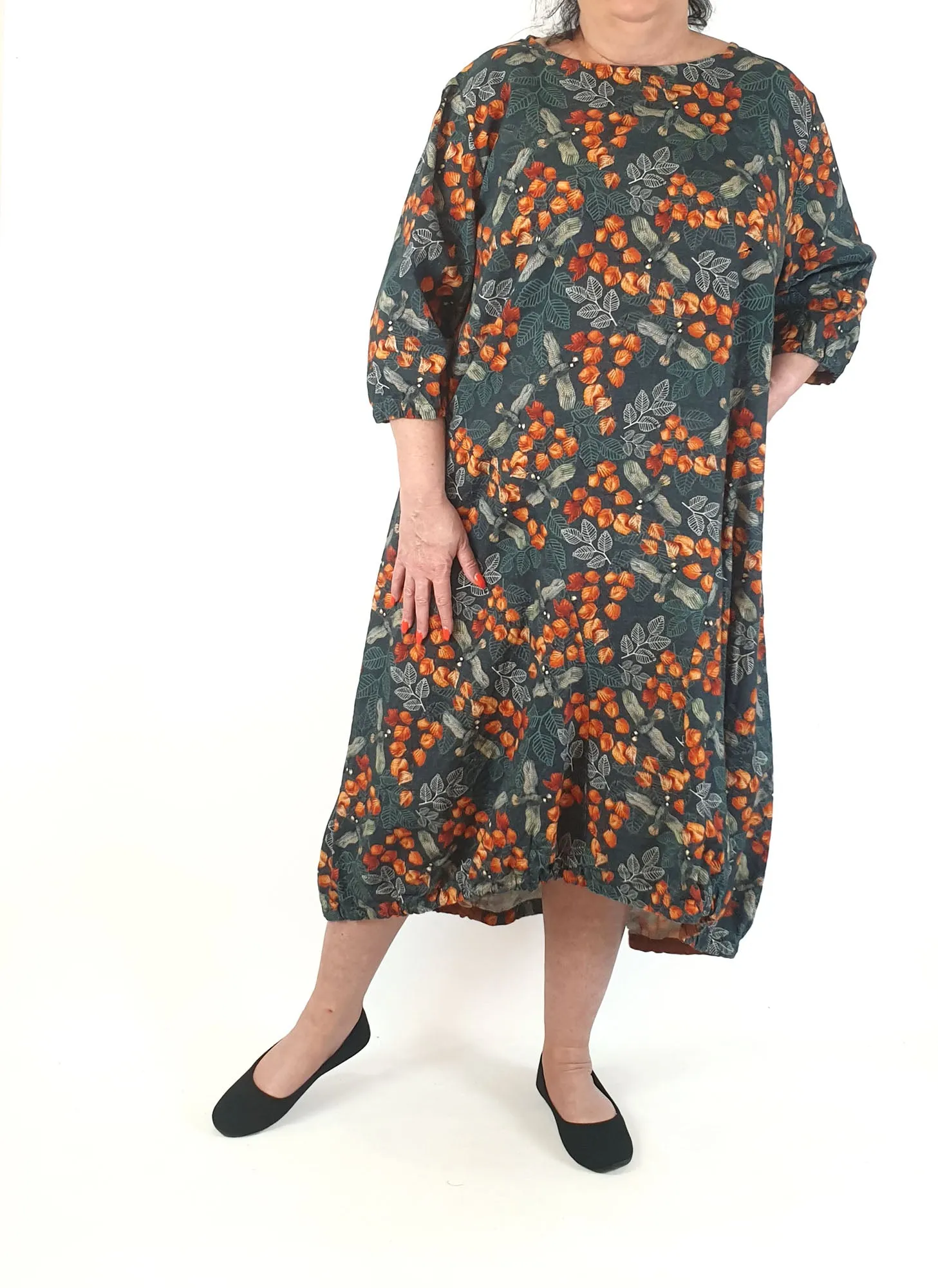 Spotted Squall green dress linen-hemp mix dress with autumnal print size XXL