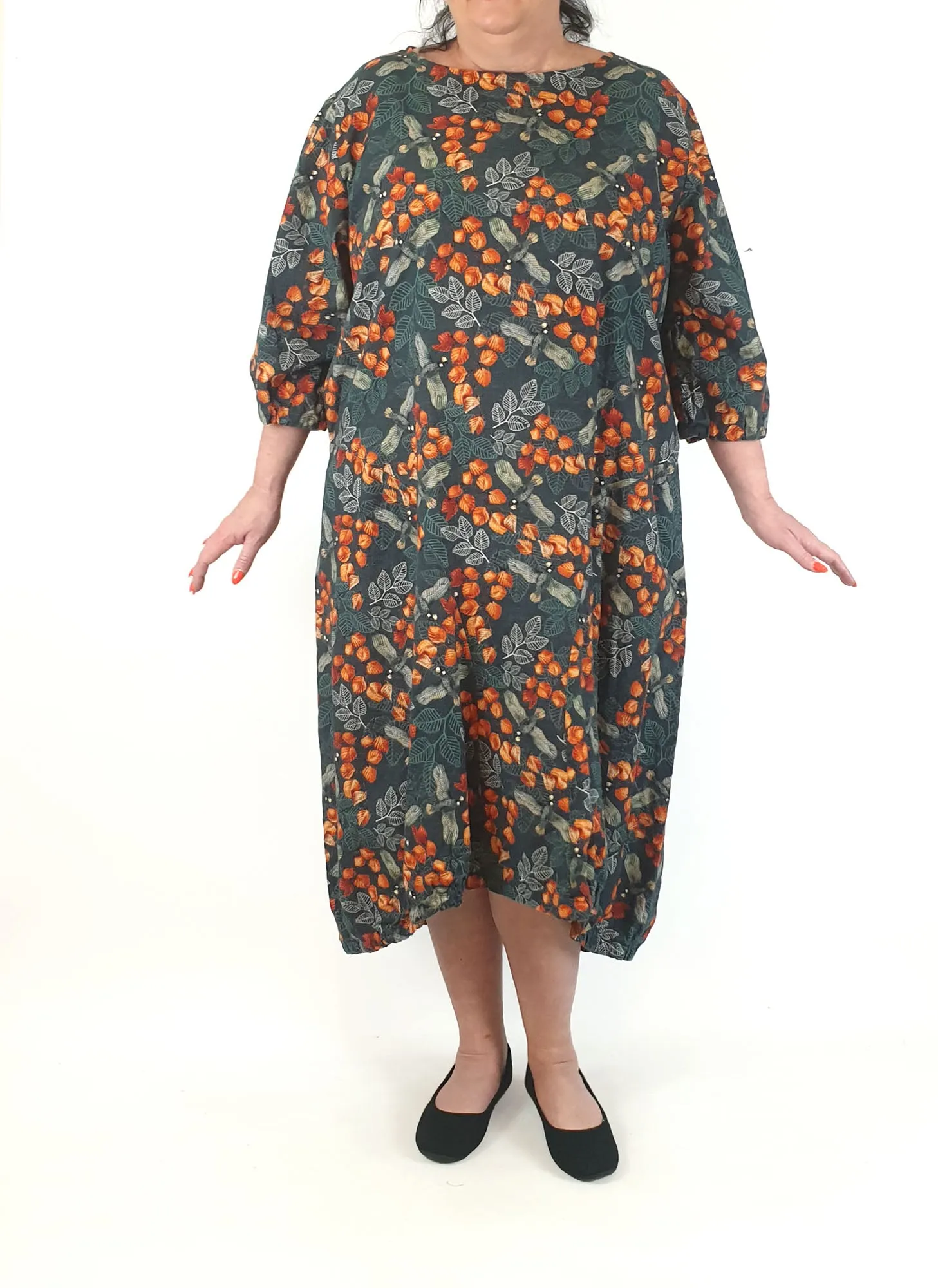 Spotted Squall green dress linen-hemp mix dress with autumnal print size XXL