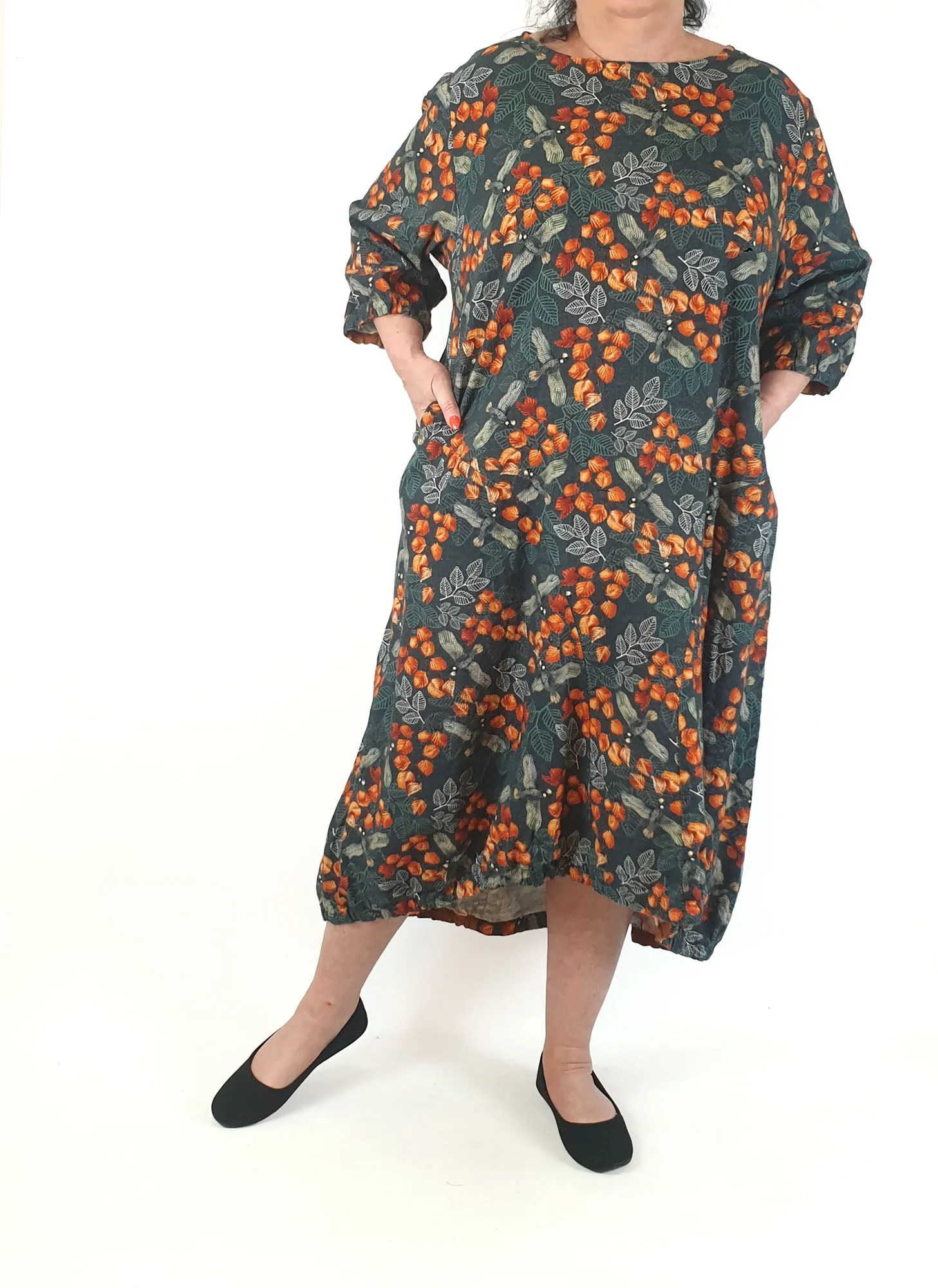 Spotted Squall green dress linen-hemp mix dress with autumnal print size XXL