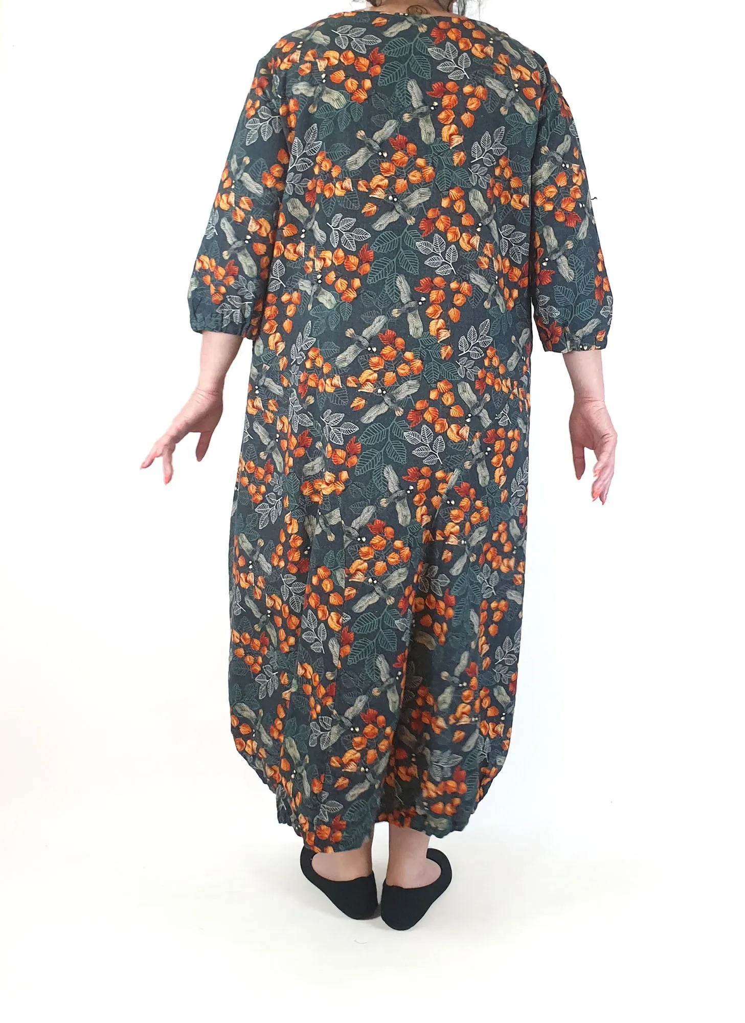 Spotted Squall green dress linen-hemp mix dress with autumnal print size XXL
