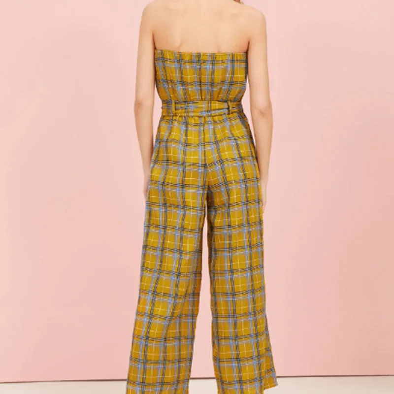Strapless Belt With Large Plaid Wide Tube Jumpsuit