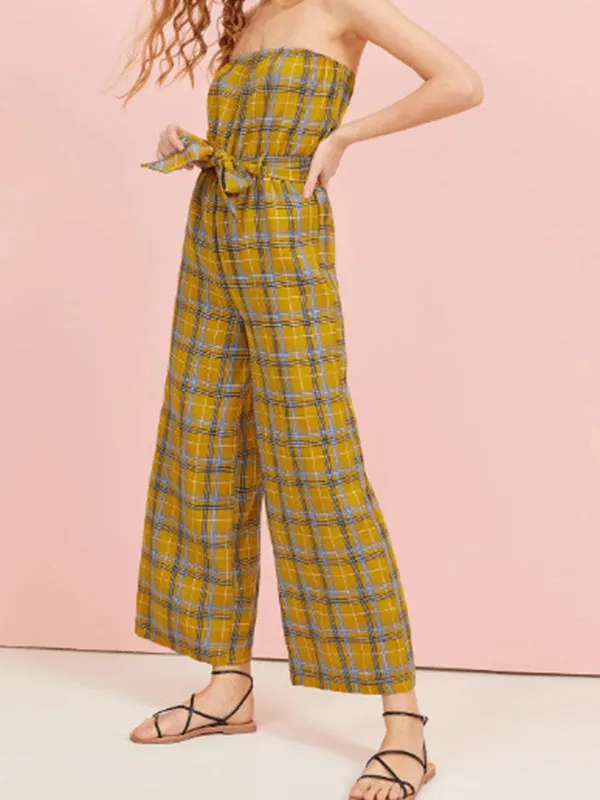 Strapless Belt With Large Plaid Wide Tube Jumpsuit