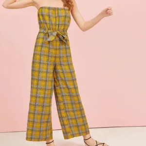 Strapless Belt With Large Plaid Wide Tube Jumpsuit
