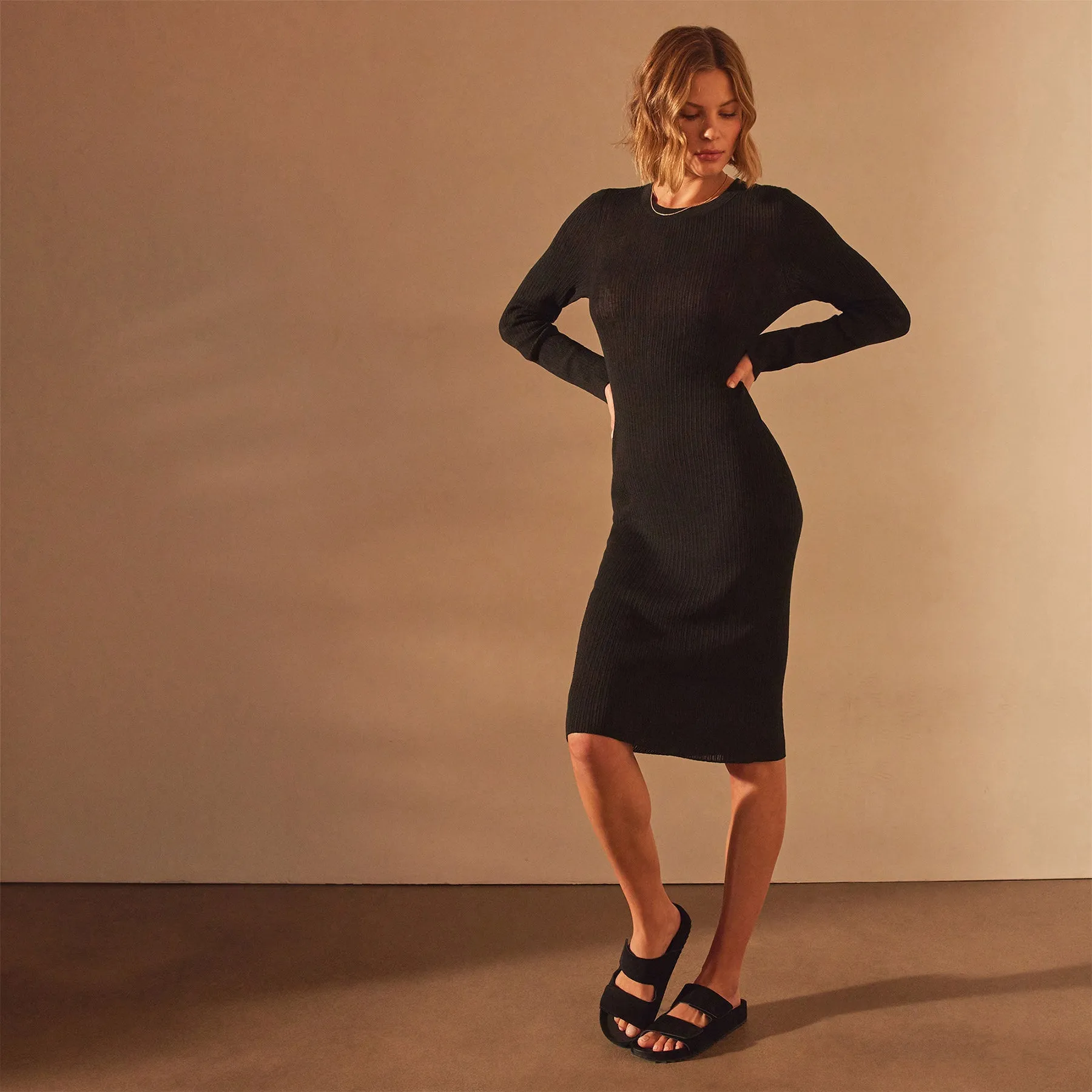 Stretch Linen Ribbed Dress - Black