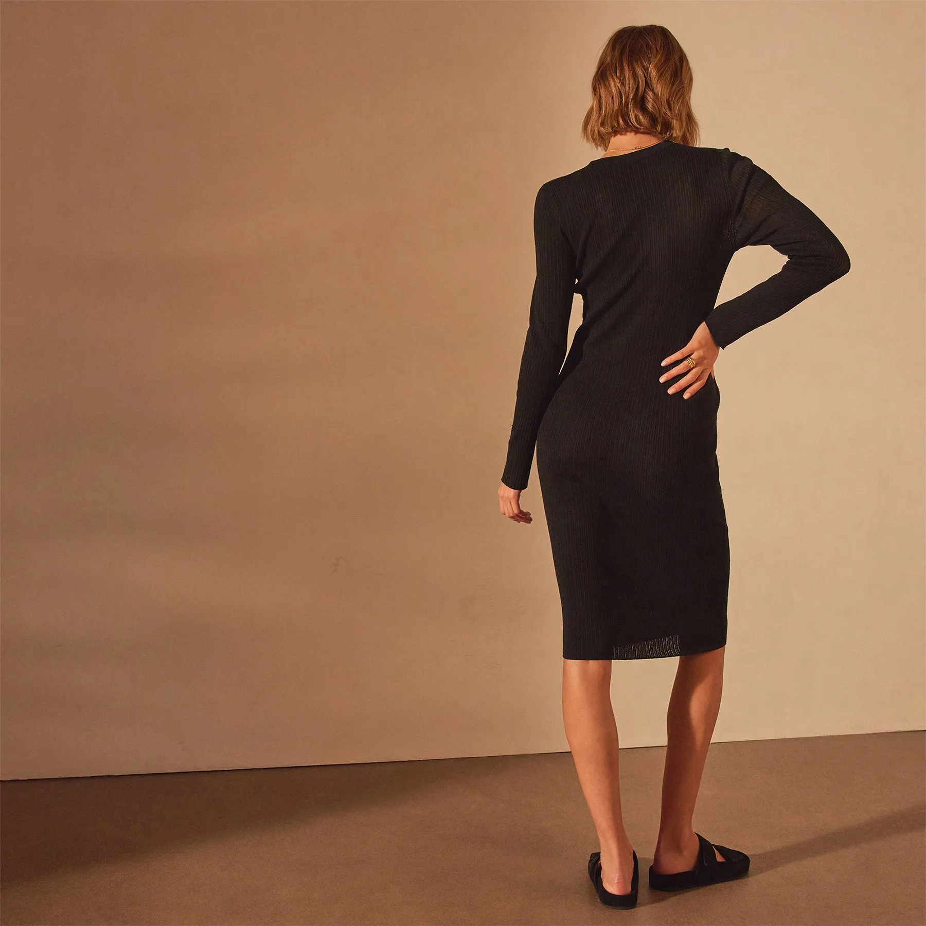 Stretch Linen Ribbed Dress - Black