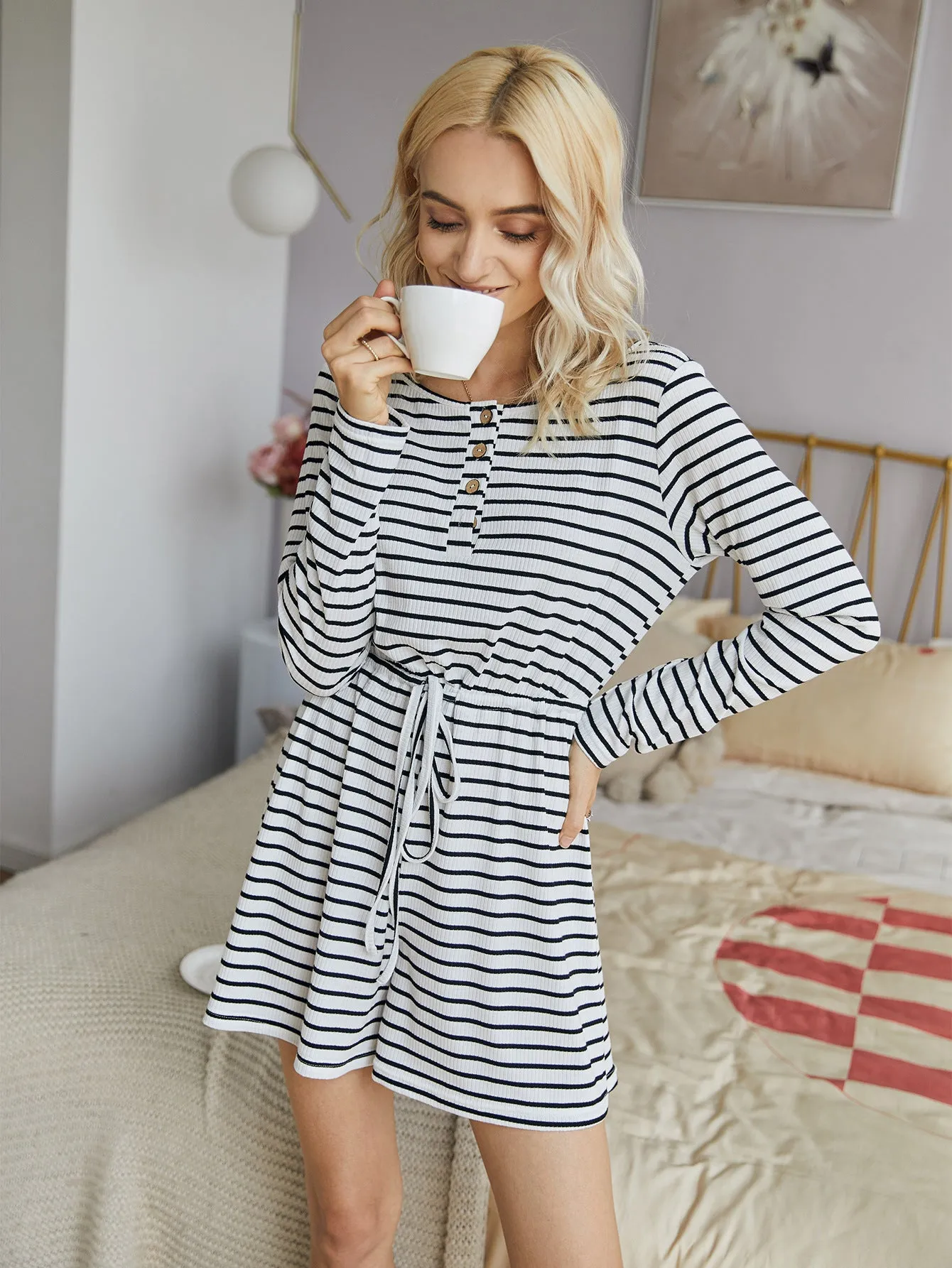 Striped Lace-up Single-breasted Jumpsuits Loungewear Rompers