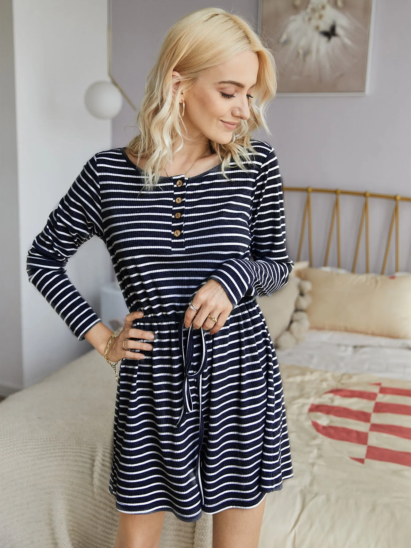 Striped Lace-up Single-breasted Jumpsuits Loungewear Rompers