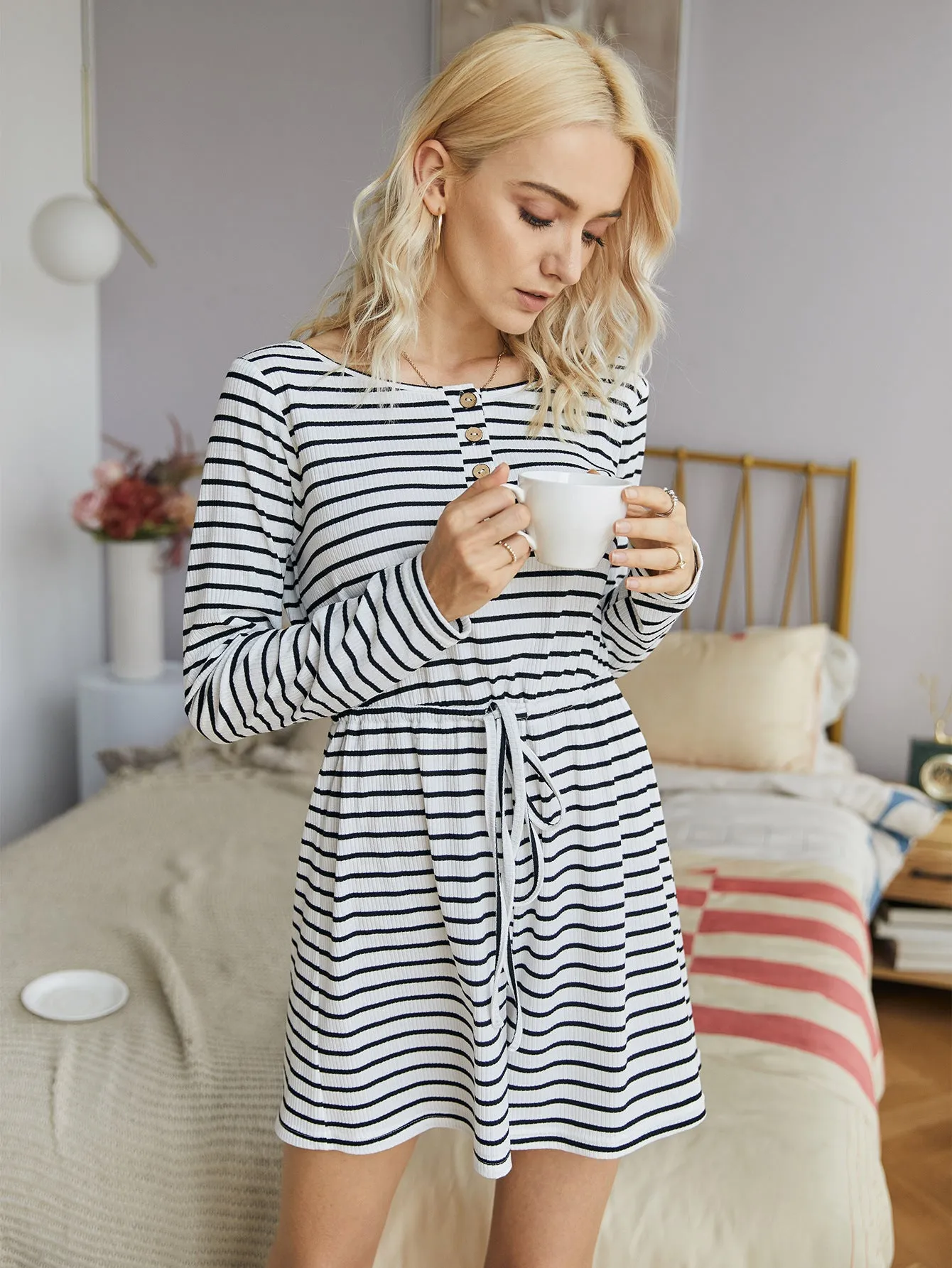 Striped Lace-up Single-breasted Jumpsuits Loungewear Rompers