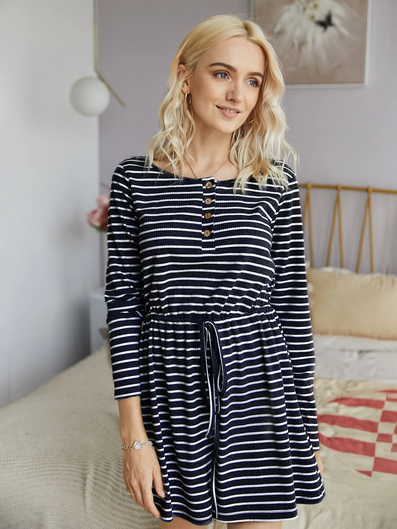 Striped Lace-up Single-breasted Jumpsuits Loungewear Rompers