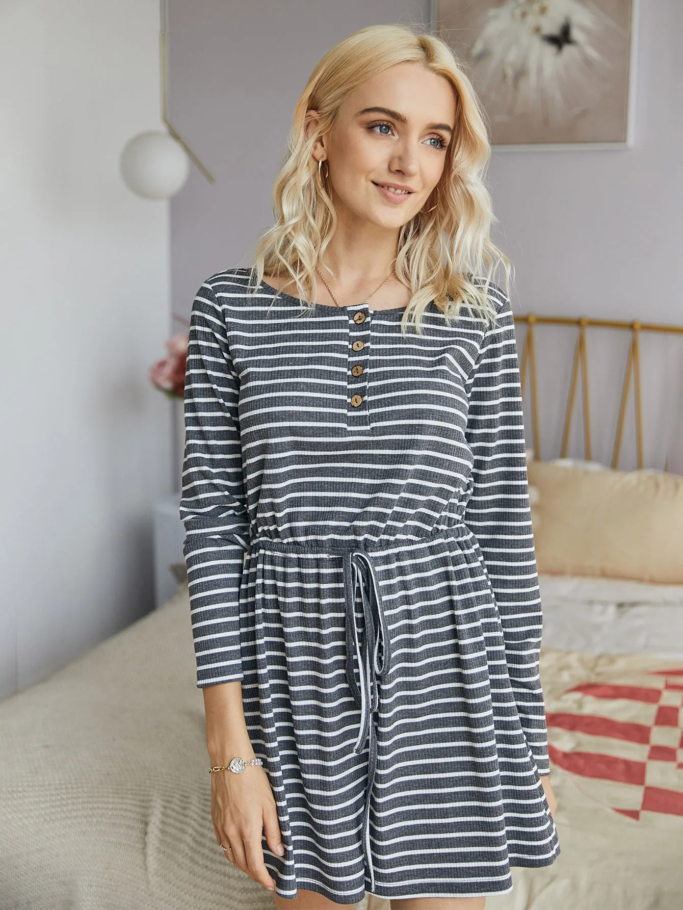 Striped Lace-up Single-breasted Jumpsuits Loungewear Rompers